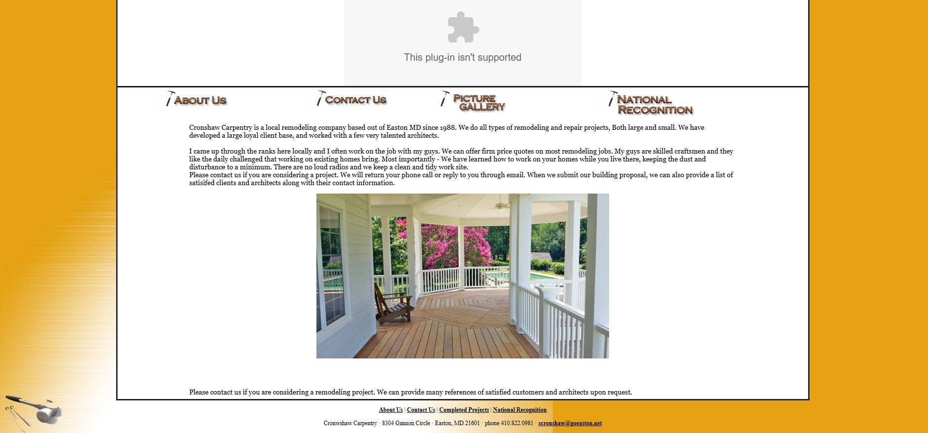Screenshot of Cronshaw Carpentry's old website — outdated layout with broken plugin and no mobile optimization